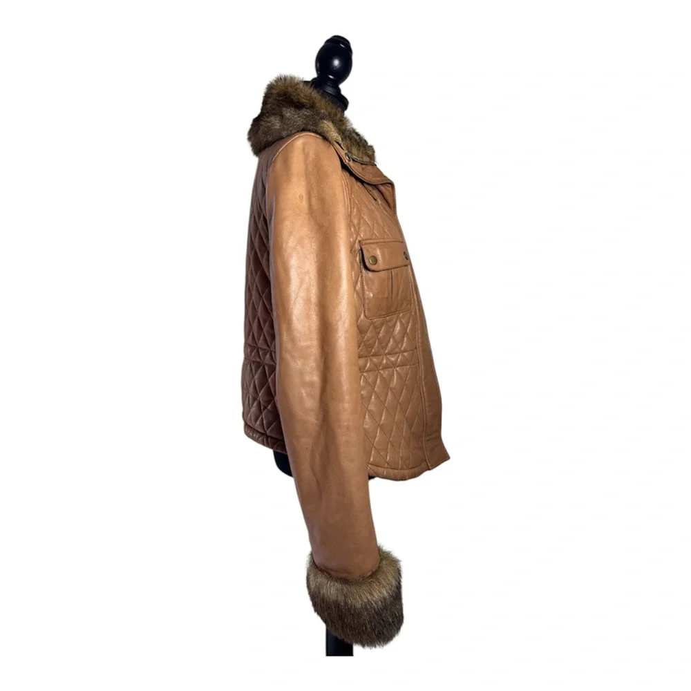 Arden B 100% Leather Quilted Faux Fur Trim Jacket Size L Camel Brown Y2K - Picture 7 of 9